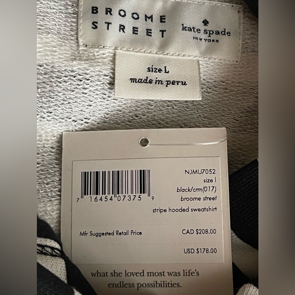 New Kate Spade Broome Street Striped Hooded Sweatshirt In Black/White Size L - Picture 7 of 11